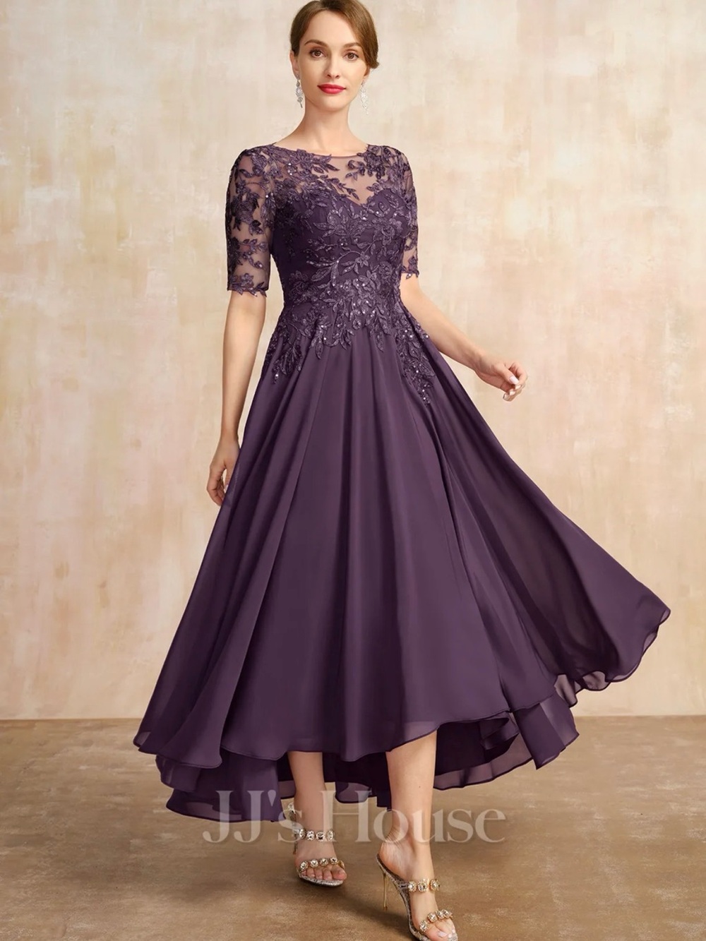Elegant Plum Midi Dress with Sheer Bodice